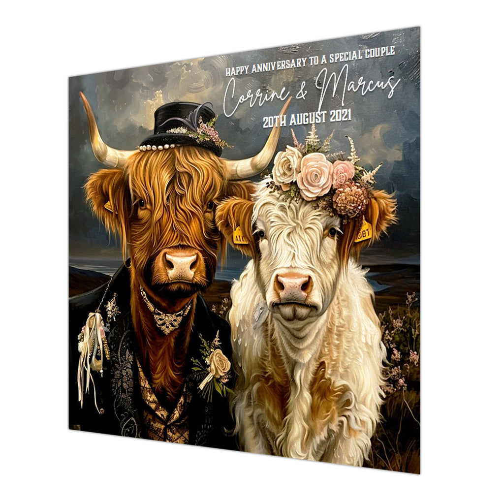 Personalised Wedding Anniversary Card, For Husband, Wife or Special Couple Highland Cow
