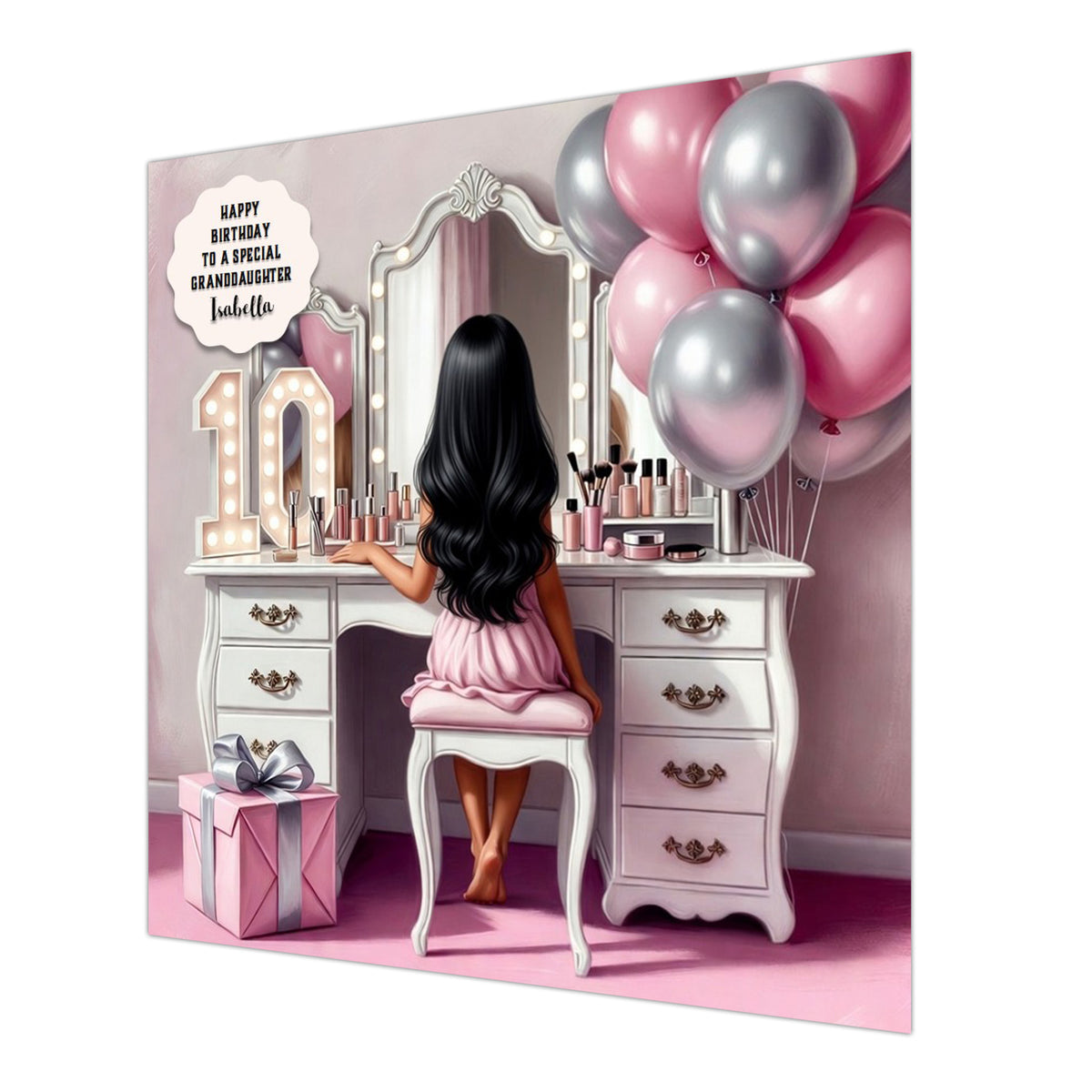 Personalised 10th Birthday Card - Girl at a Dressing Table - Black Hair