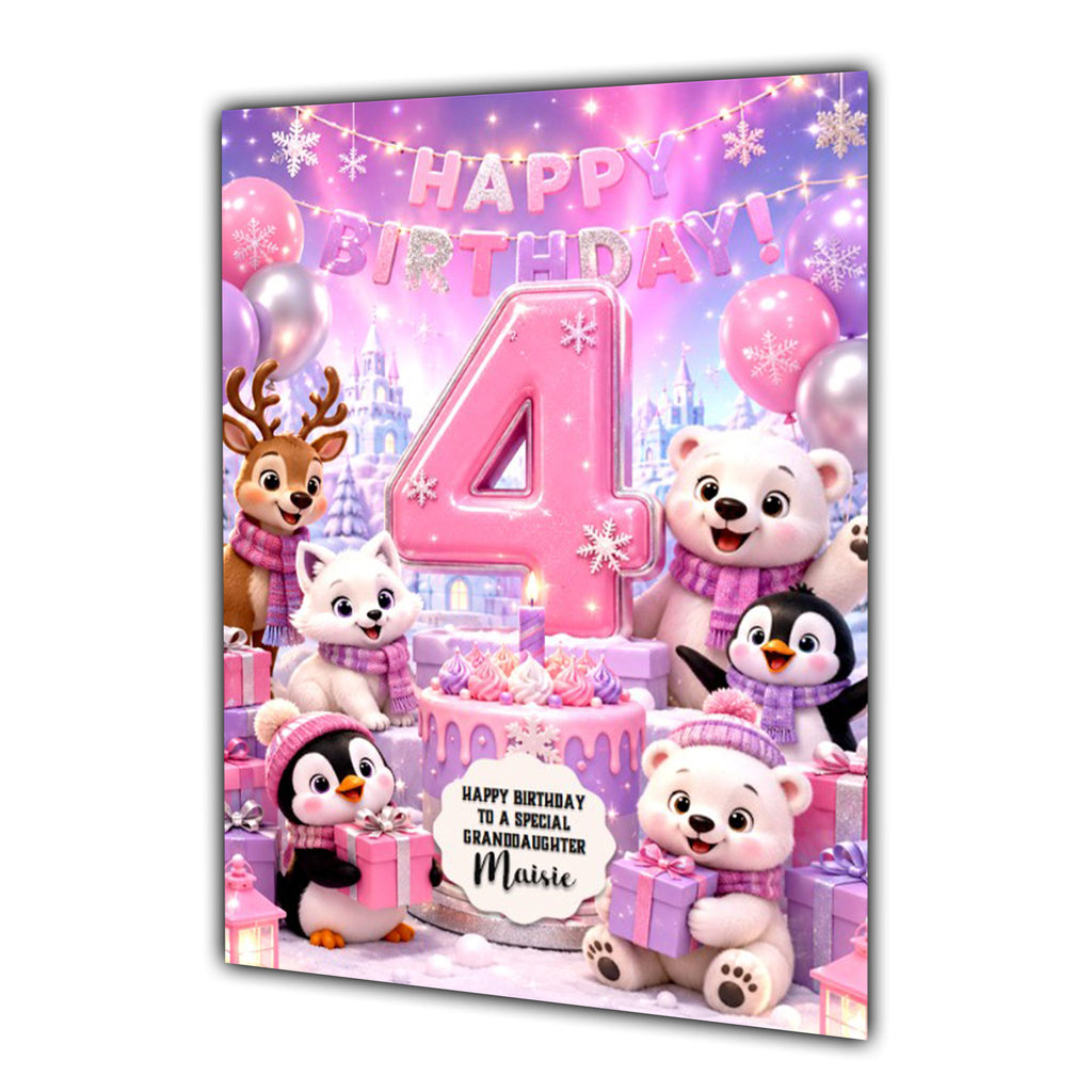4th Birthday Card Winter Animals Girl Granddaughter Daughter Large A5 Size