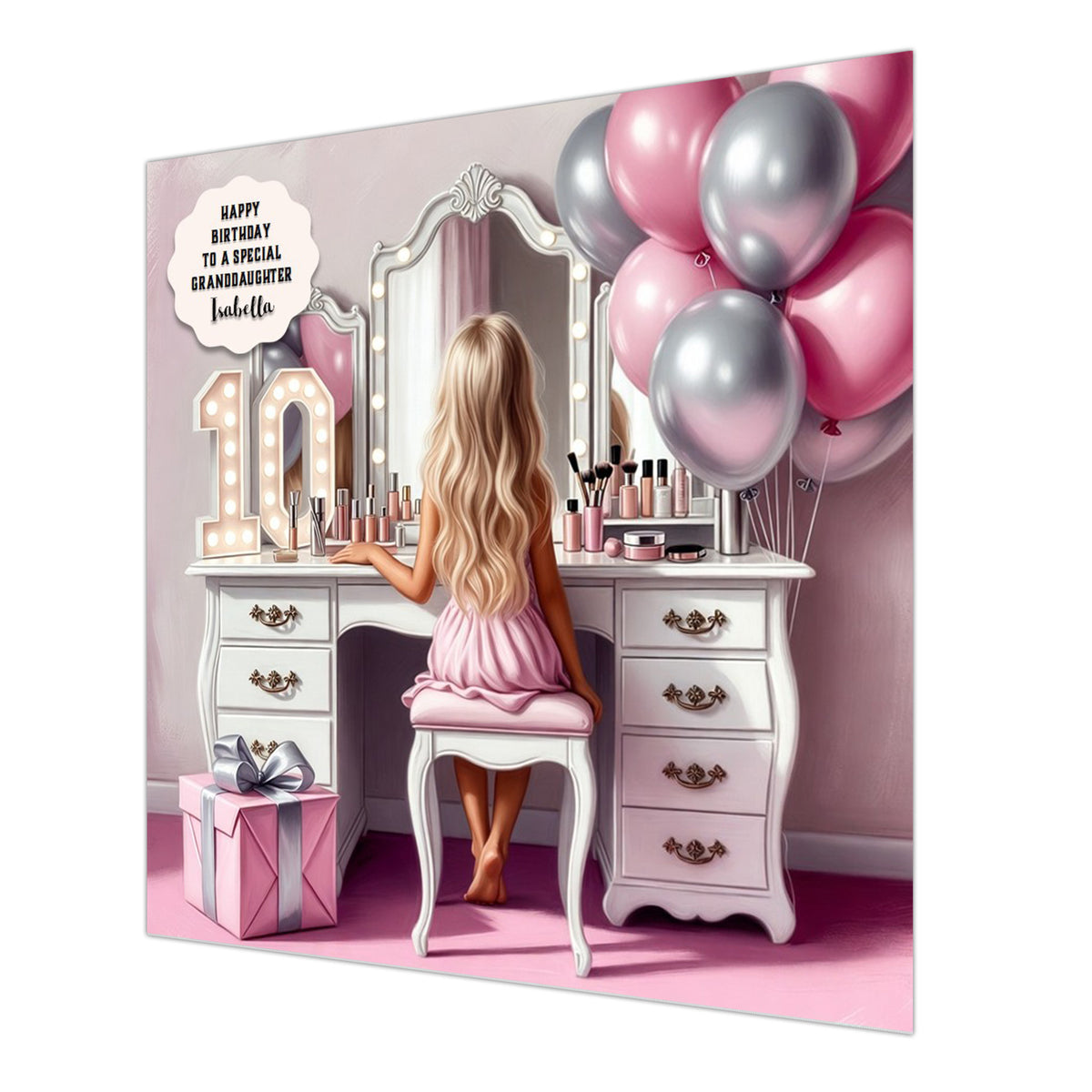 Personalised 10th Birthday Card - Girl at a Dressing Table - Blonde Hair