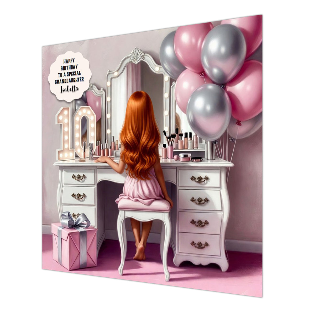 Personalised 10th Birthday Card - Girl at a Dressing Table - Ginger Hair