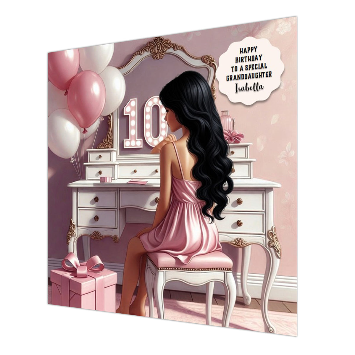 Personalised 10th Birthday Card - Girl at a Dressing Table - Black Hair