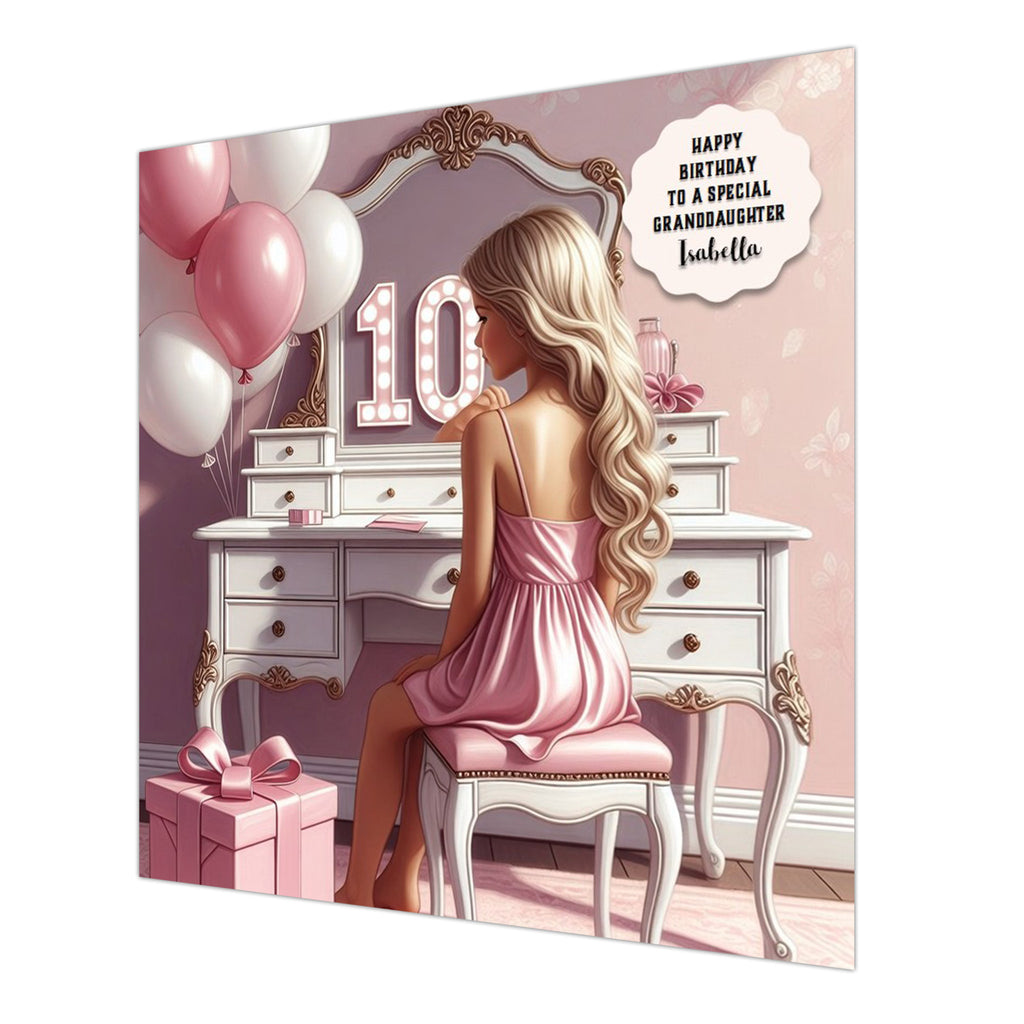 Personalised 10th Birthday Card - Girl at a Dressing Table - Blonde Hair