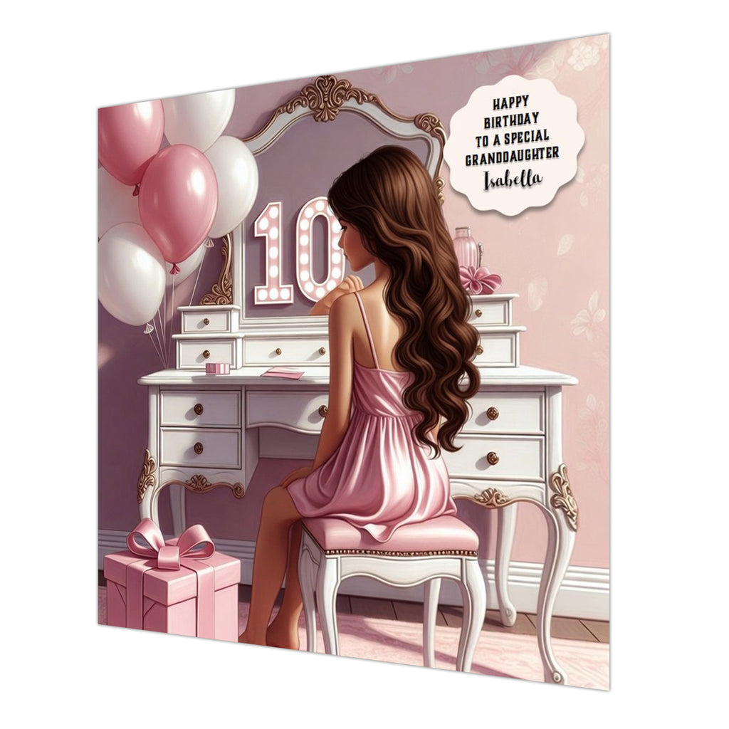 Personalised 10th Birthday Card - Girl at a Dressing Table - Brown Hair