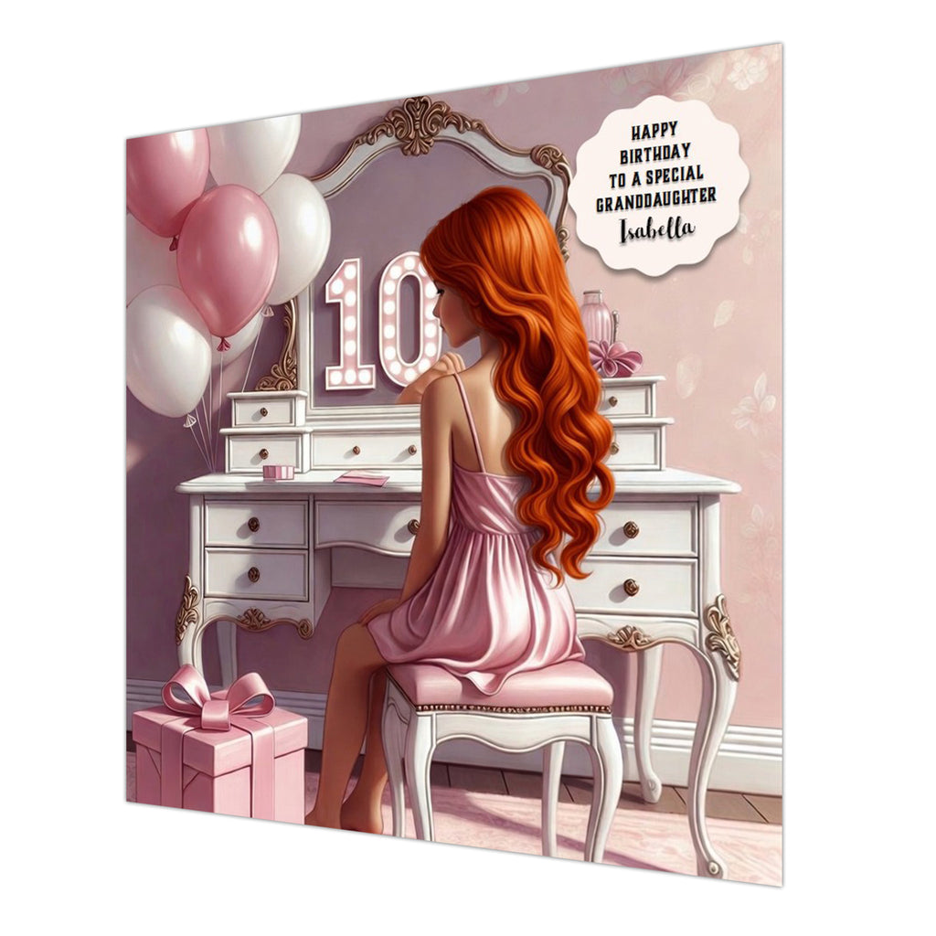 Personalised 10th Birthday Card - Girl at a Dressing Table - Ginger Hair