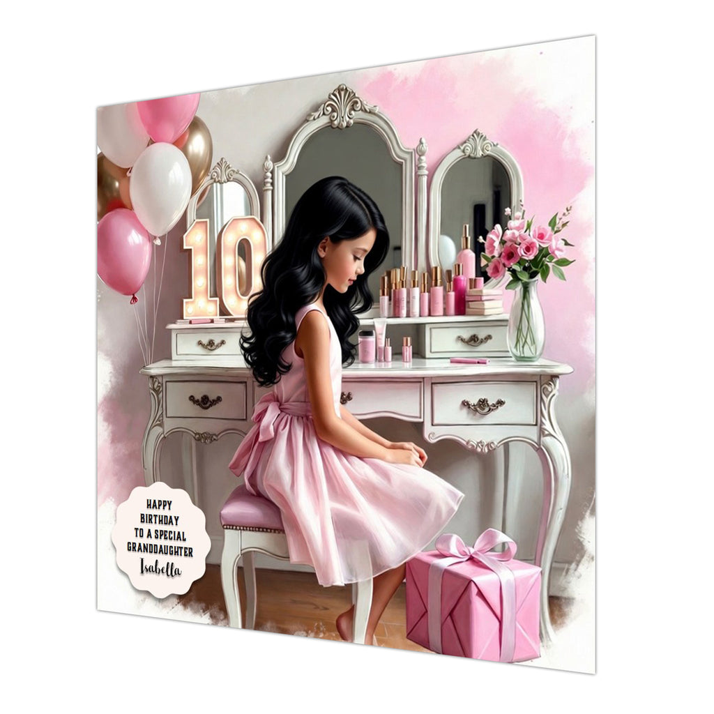 Personalised 10th Birthday Card - Girl in a Pink Dress - Black Hair