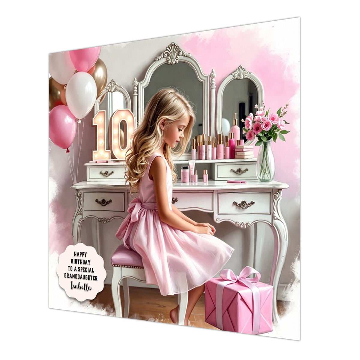 Personalised 10th Birthday Card - Girl in a Pink Dress - Blonde Hair