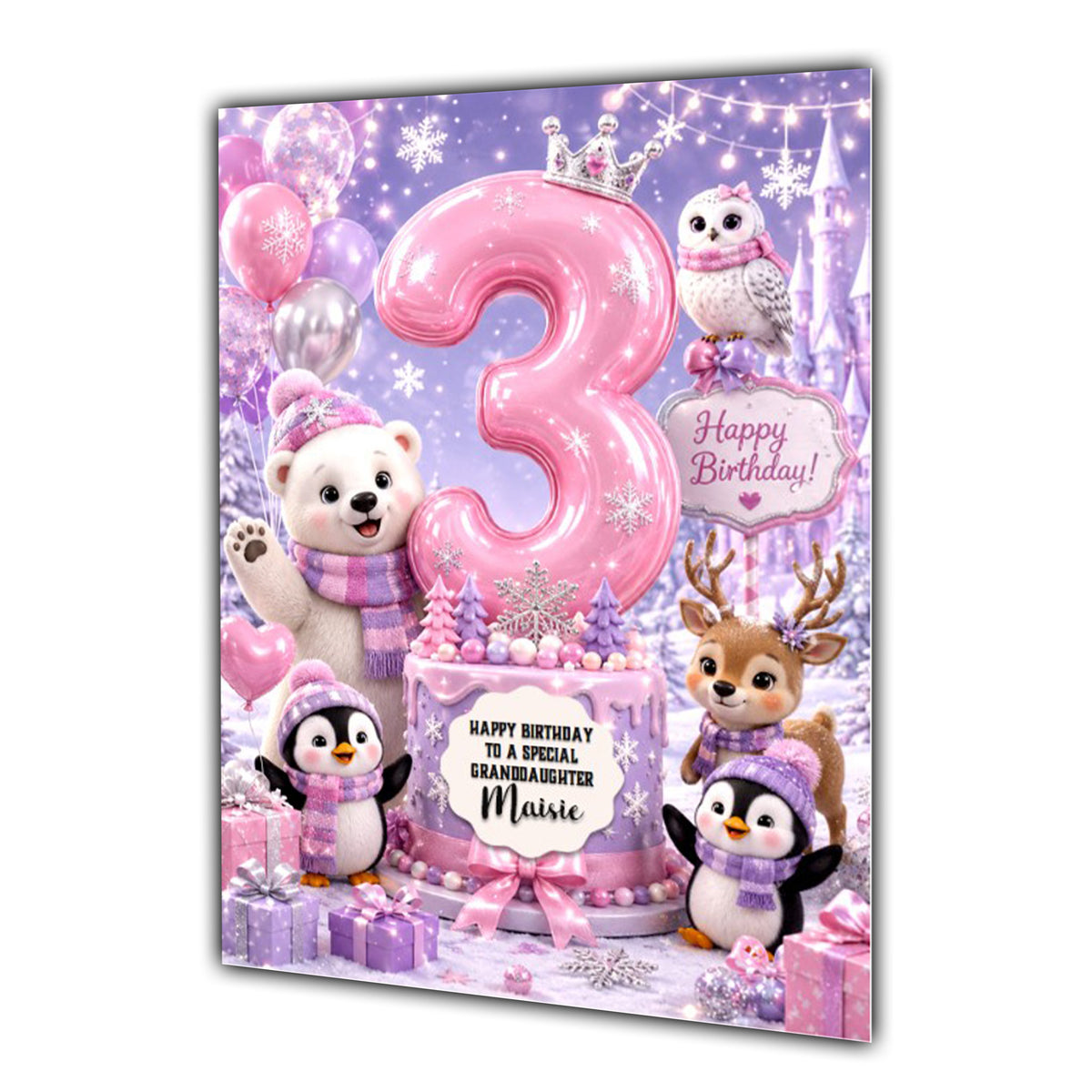 3rd Birthday Card Winter Animals Girl Granddaughter Daughter Large A5 Size