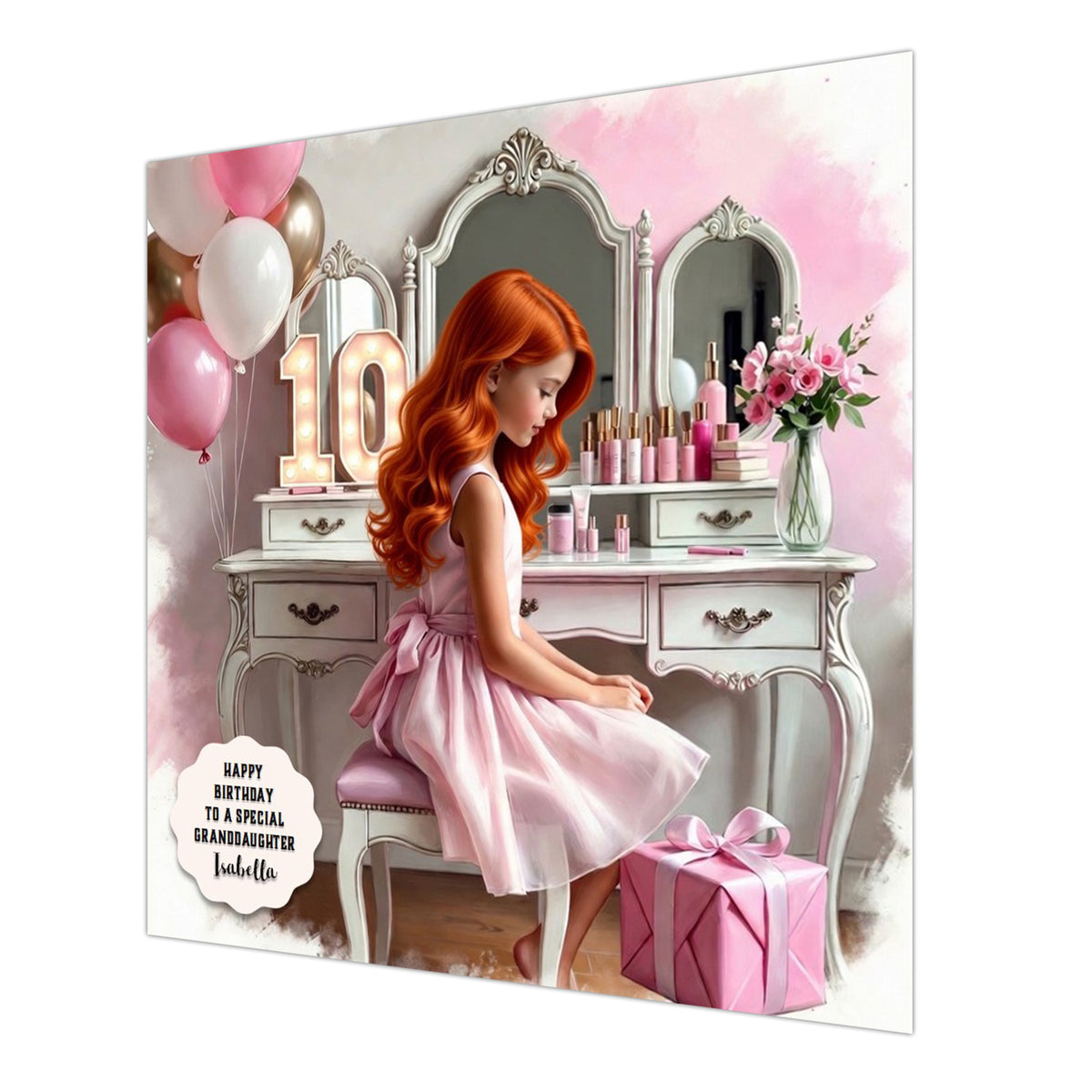 Personalised 10th Birthday Card - Girl in a Pink Dress - Ginger Hair
