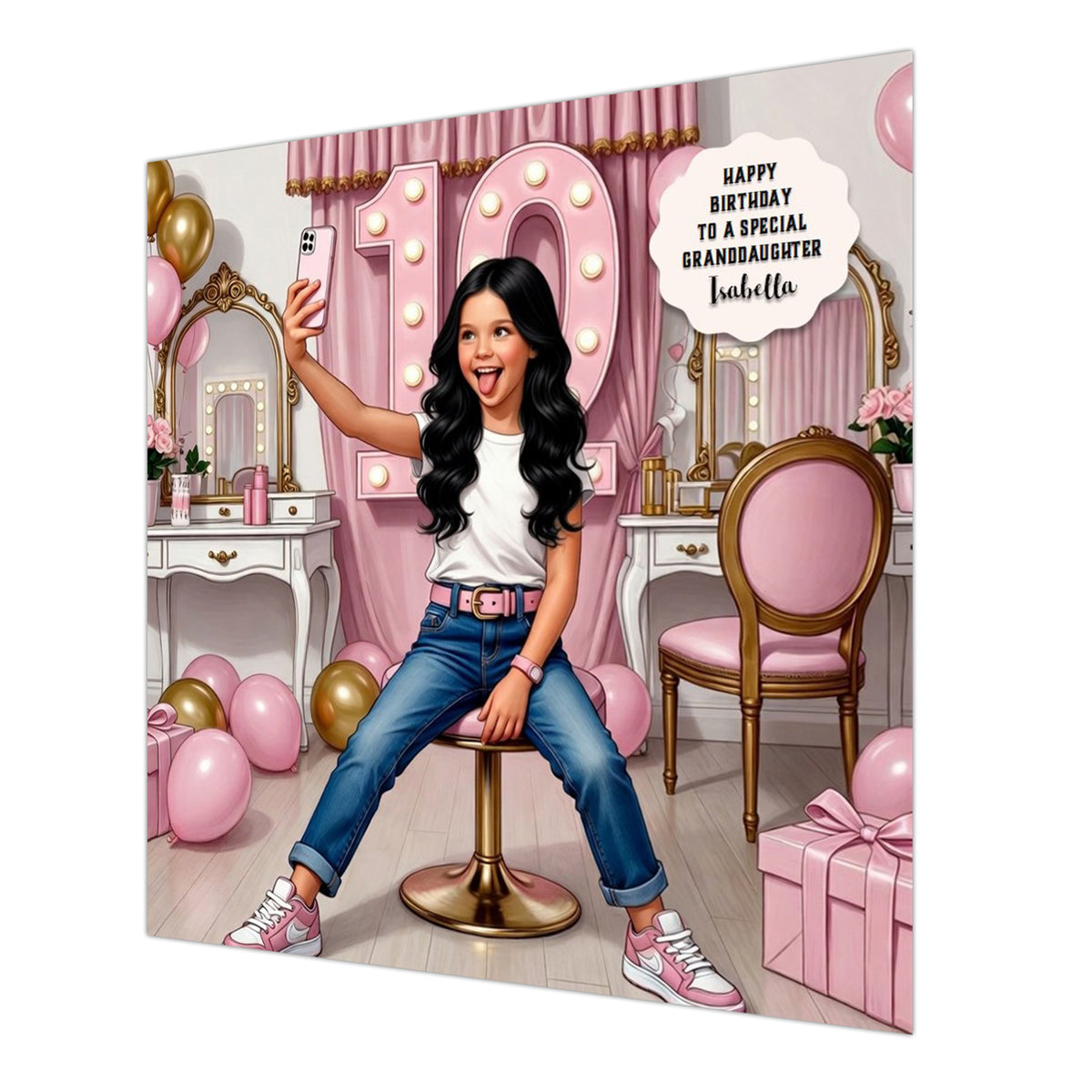 Personalised 10th Birthday Card - Girl Taking a Selfie - Black Hair