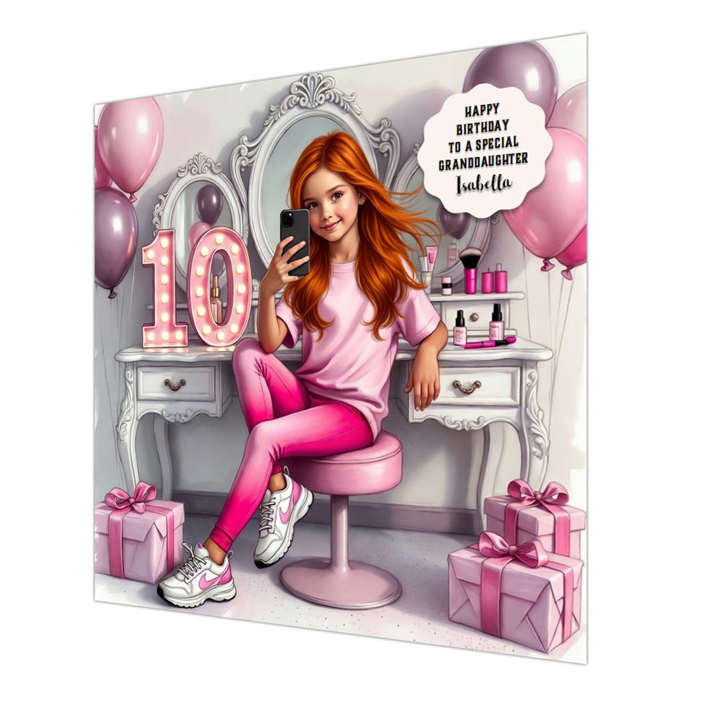 Personalised 10th Birthday Card - Girl Taking a Selfie - Ginger Hair