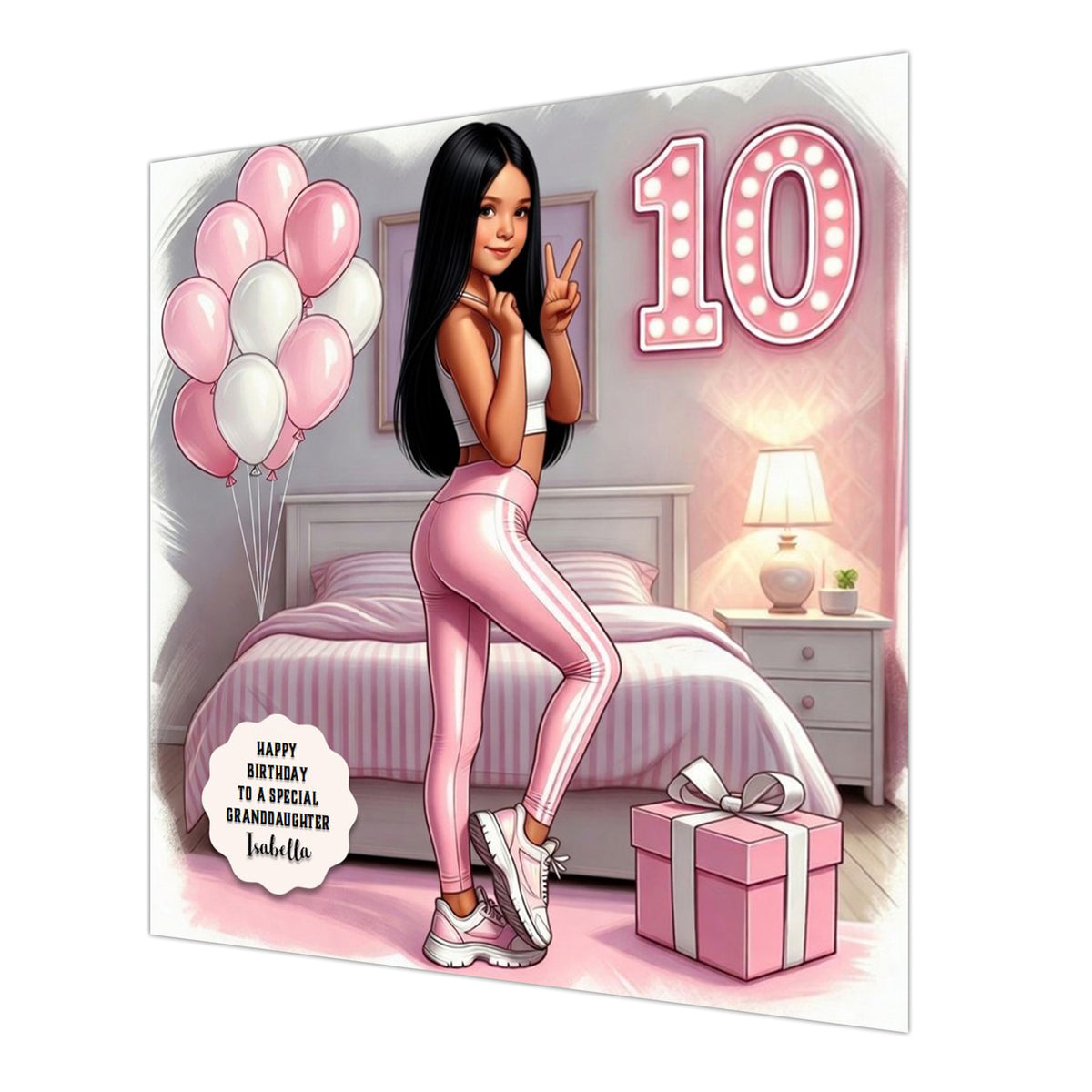 Personalised 10th Birthday Card - Girl in Pink Sportswear - Black Hair