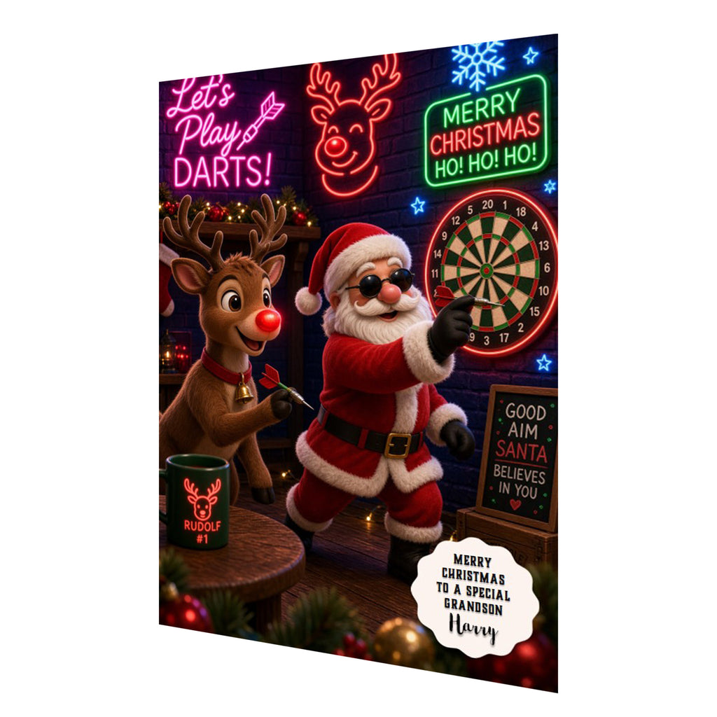 Personalised Christmas Card - Santa and Reindeer Playing Darts