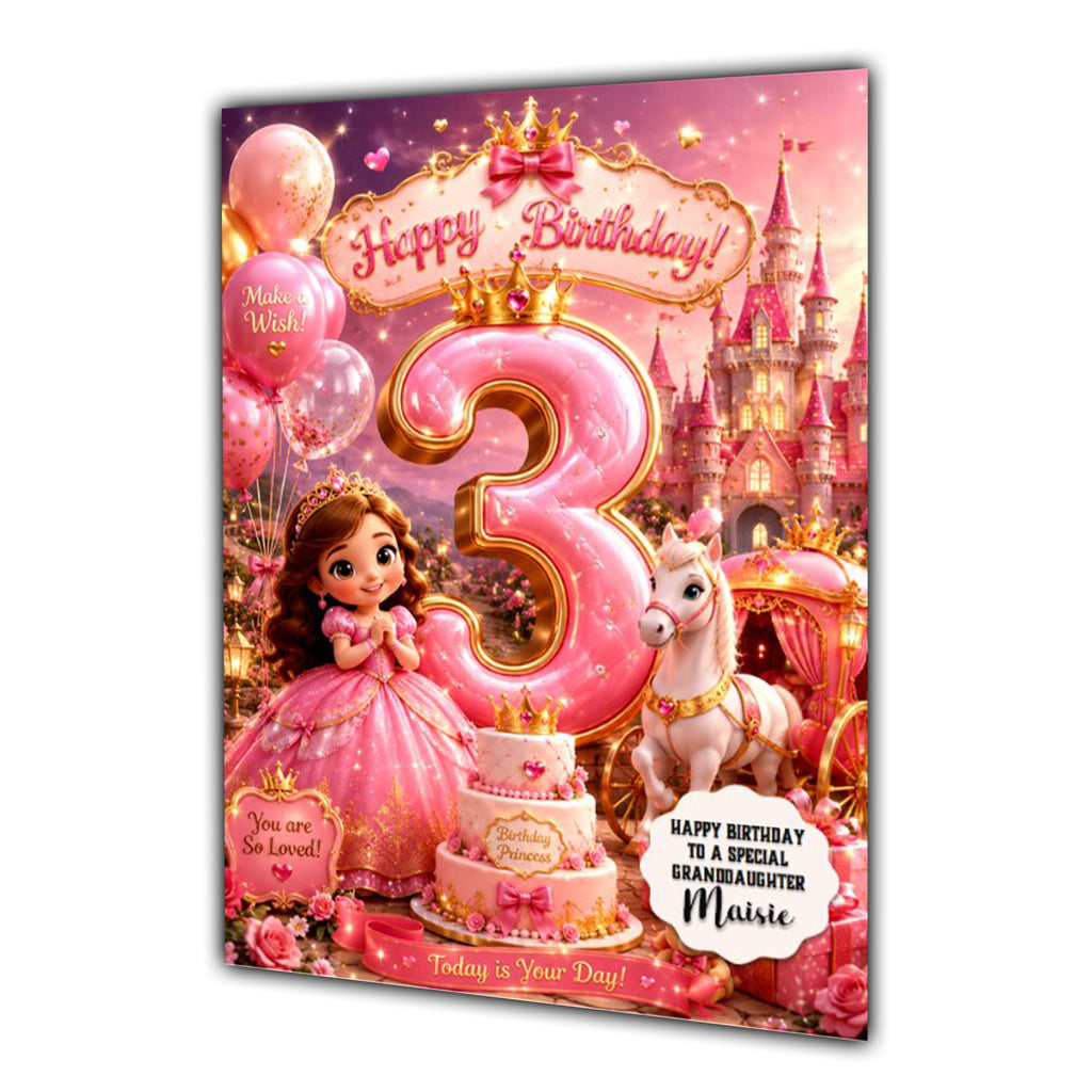 3rd Birthday Card Princess Girl Granddaughter Daughter Large A5 Size
