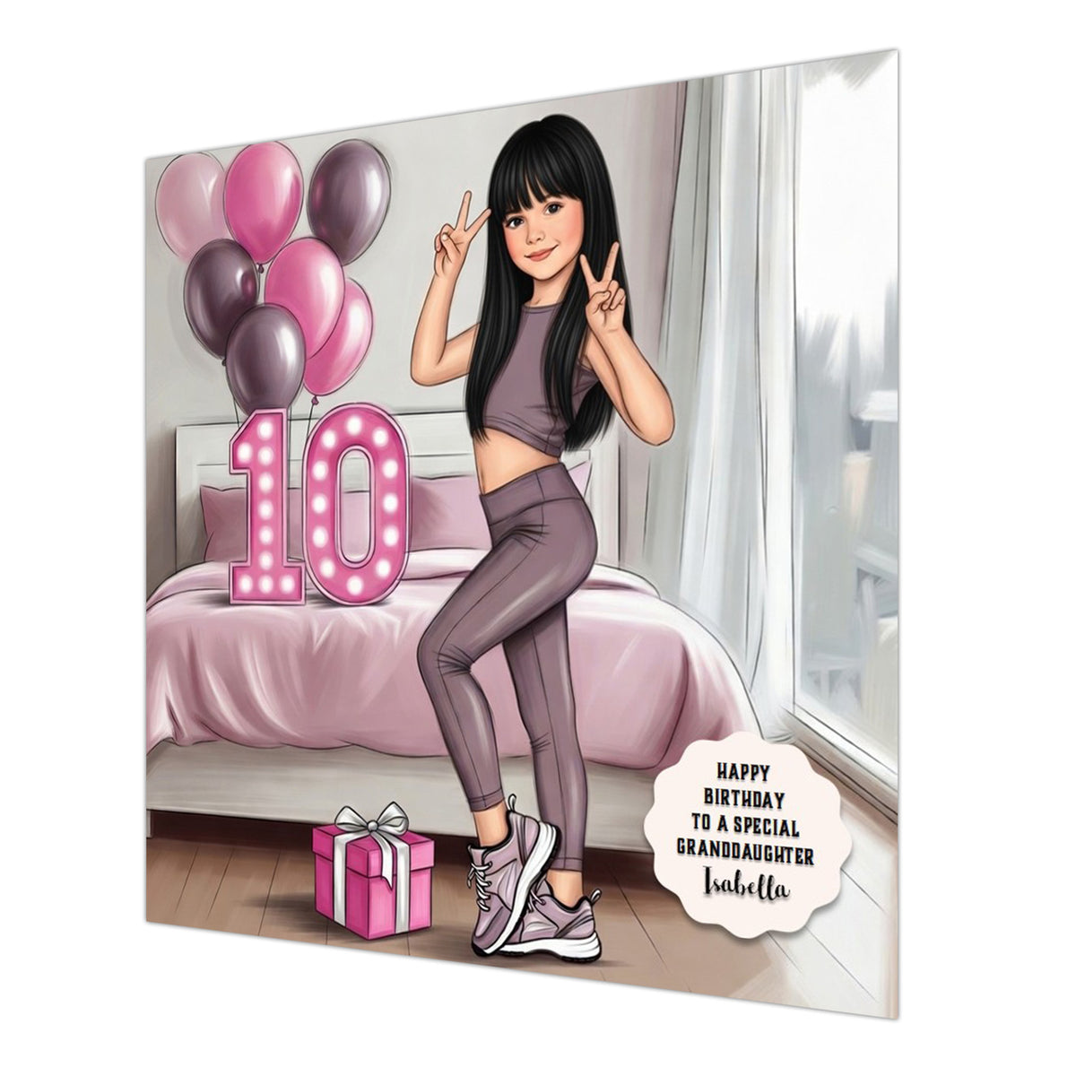 Personalised 10th Birthday Card - Girl in Sportswear - Black Hair
