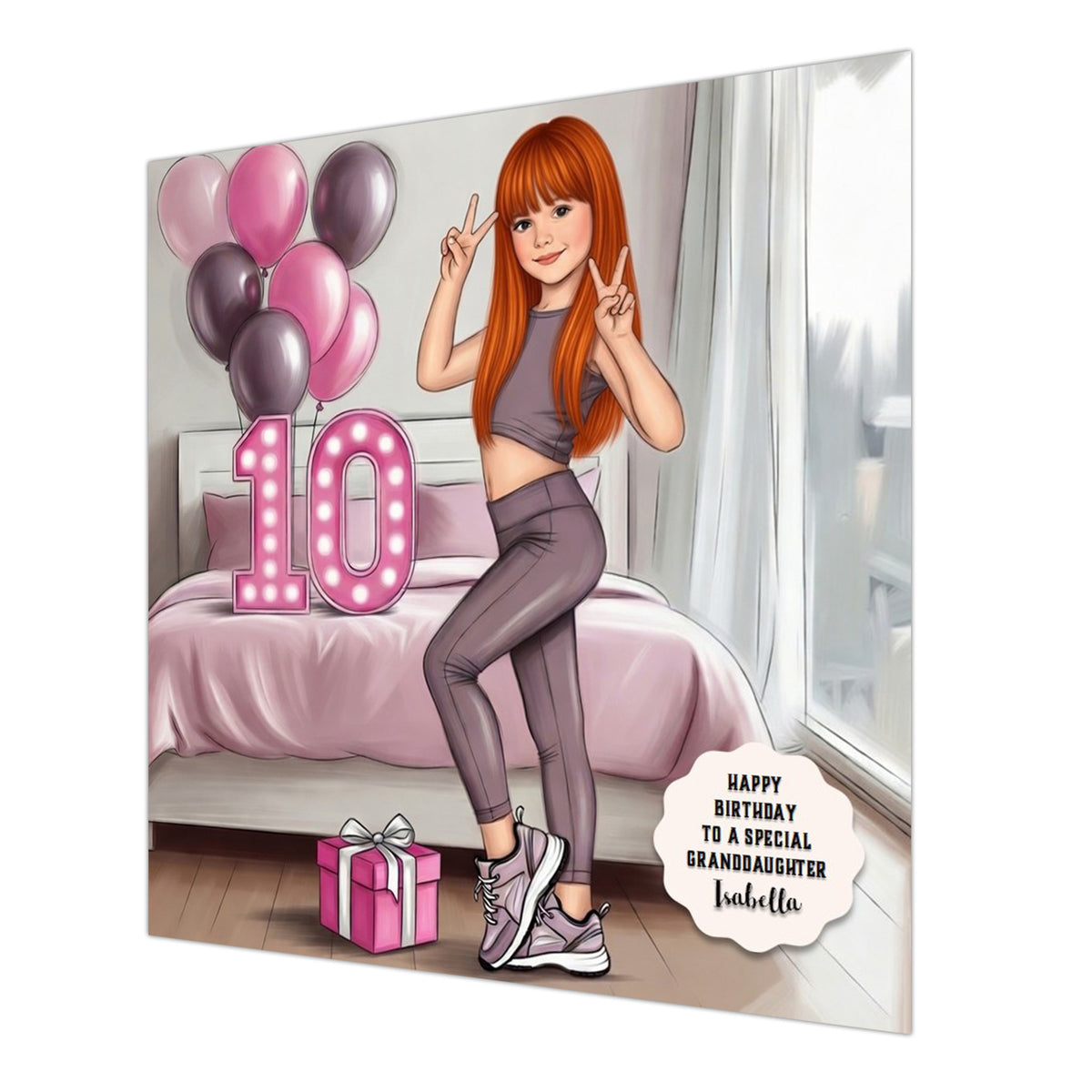 Personalised 10th Birthday Card - Girl in Sportswear - Ginger Hair