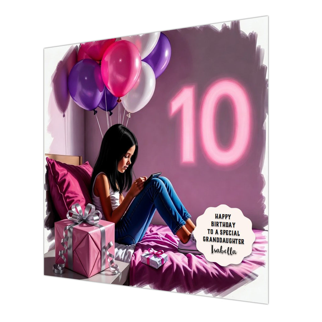Personalised 10th Birthday Card - Girl Sitting on a Bed - Black Hair