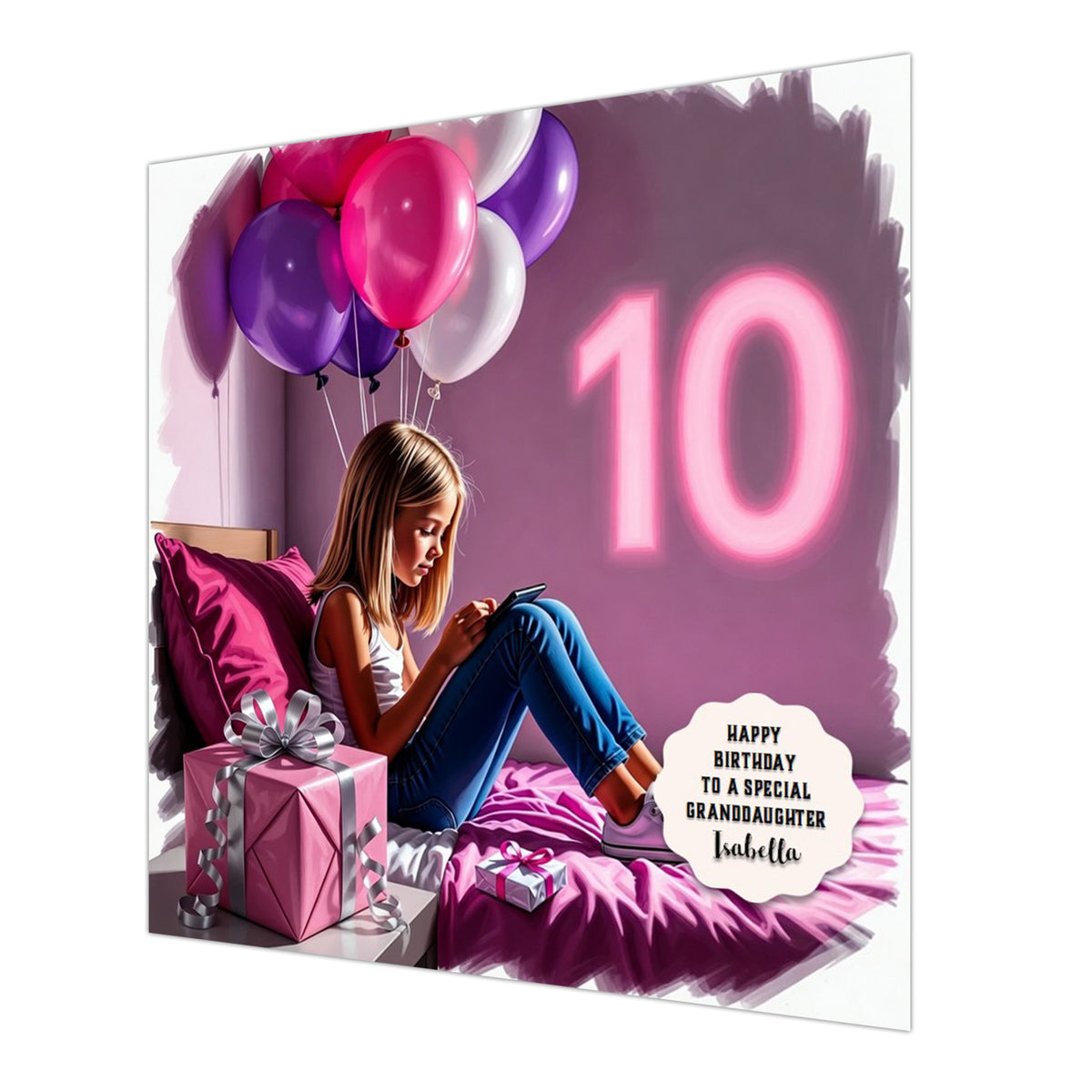 Personalised 10th Birthday Card - Girl Sitting on a Bed - Blonde Hair
