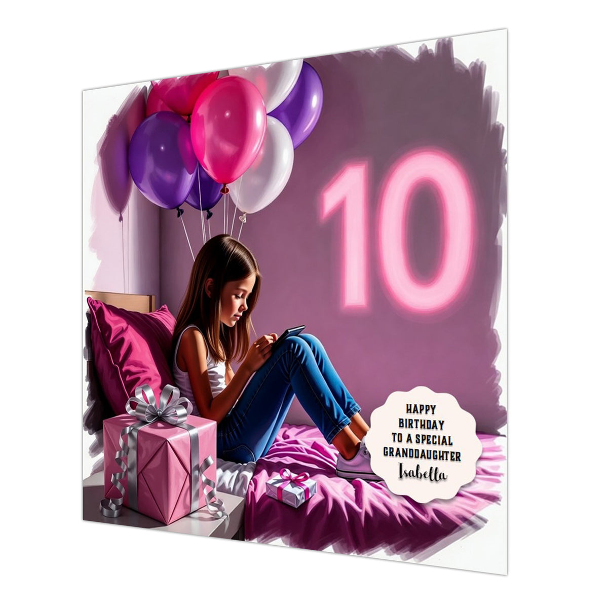 Personalised 10th Birthday Card - Girl Sitting on a Bed - Brown Hair