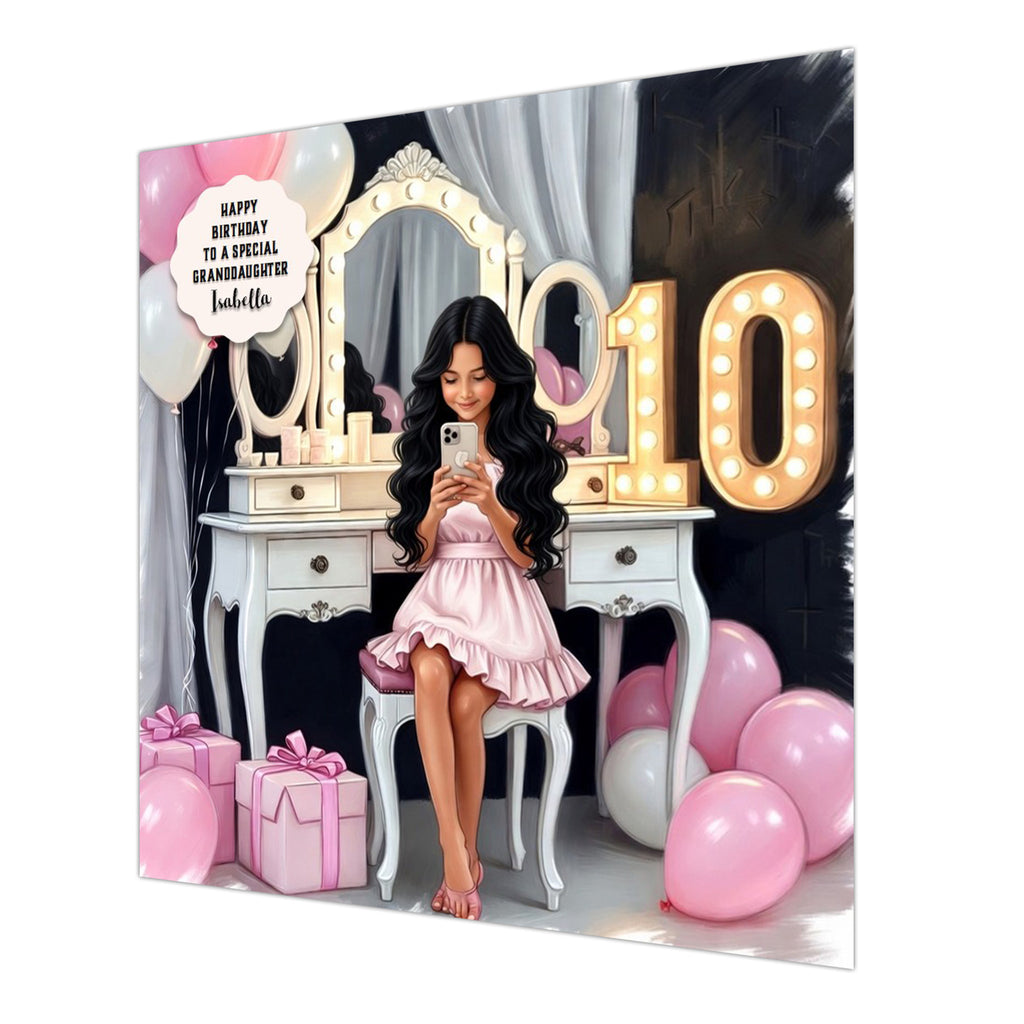 Personalised 10th Birthday Card - Girl Using a Phone at a Dressing Table - Black Hair