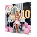 Personalised 10th Birthday Card - Girl Using a Phone at a Dressing Table - Blonde Hair