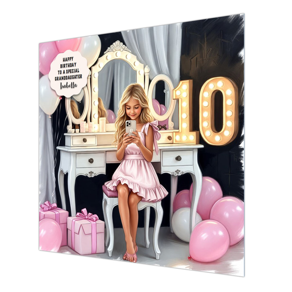 Personalised 10th Birthday Card - Girl Using a Phone at a Dressing Table - Blonde Hair
