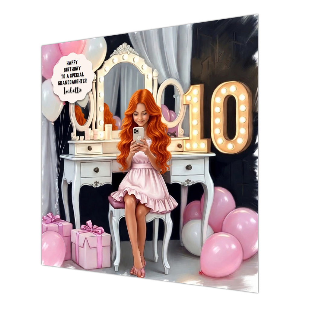 Personalised 10th Birthday Card - Girl Using a Phone at a Dressing Table - Ginger Hair