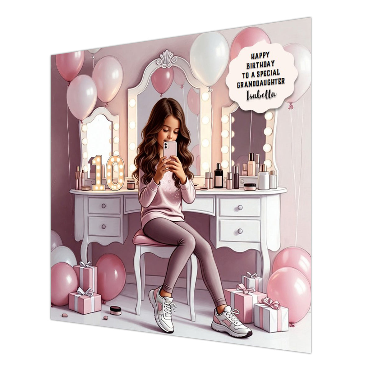 Personalised 10th Birthday Card - Girl Taking a Selfie - Brown Hair