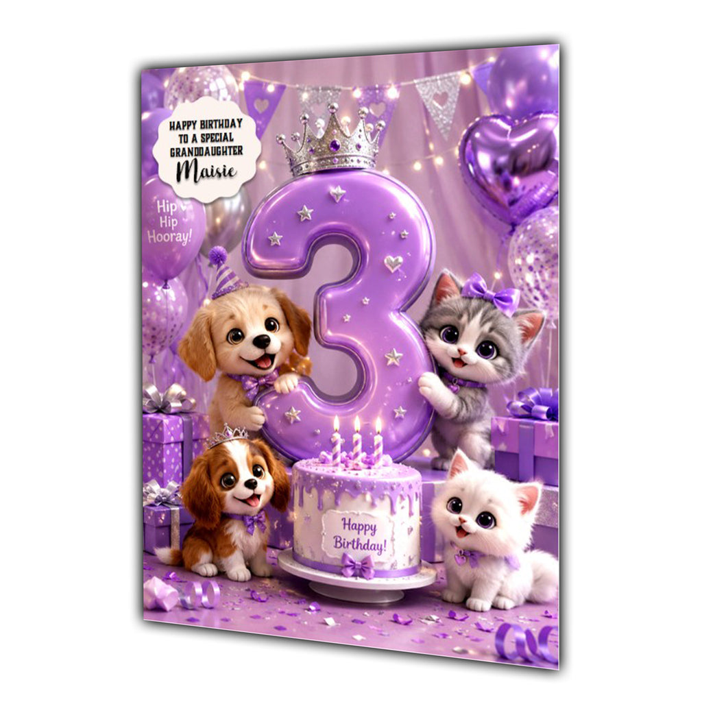 3rd Birthday Card Cat & Dog Girl Granddaughter Daughter Large A5 Size