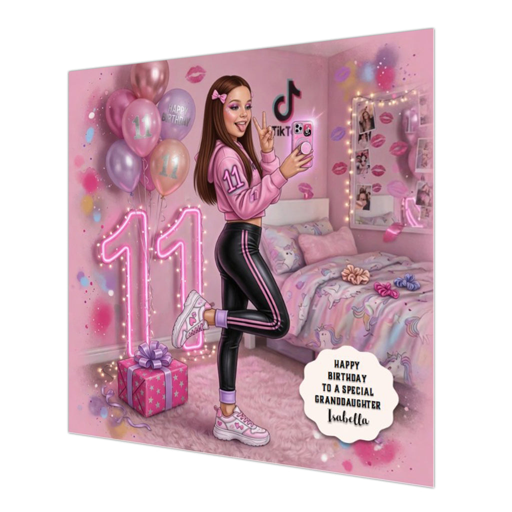 Personalised 11th Birthday Card - Girl Making a Video - Brown Hair