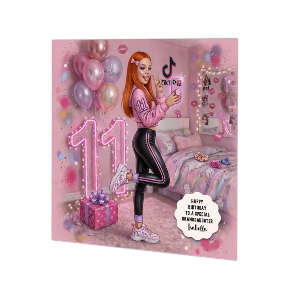 Personalised 11th Birthday Card - Girl Making a Video - Ginger Hair