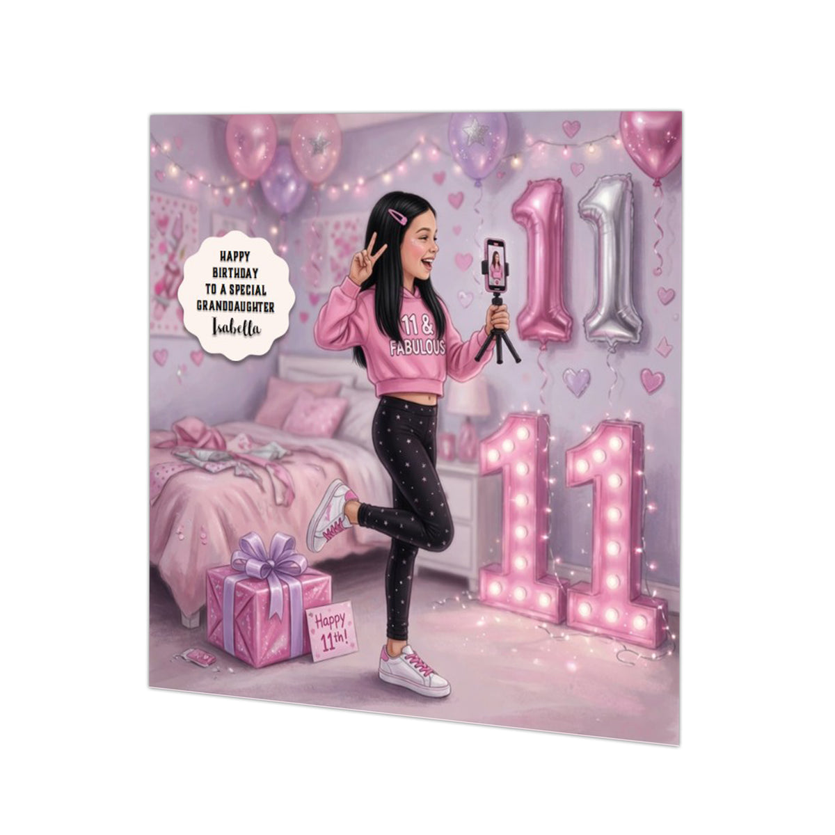 Personalised 11th Birthday Card - Girl Making a Video - Black Hair