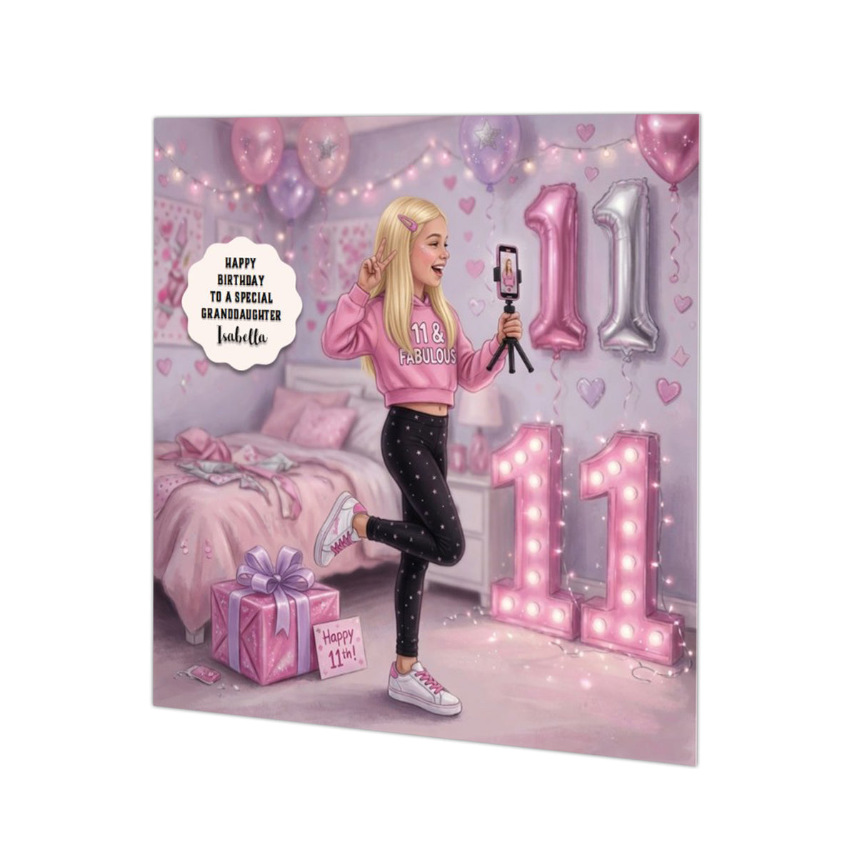 Personalised 11th Birthday Card - Girl Making a Video - Blonde Hair