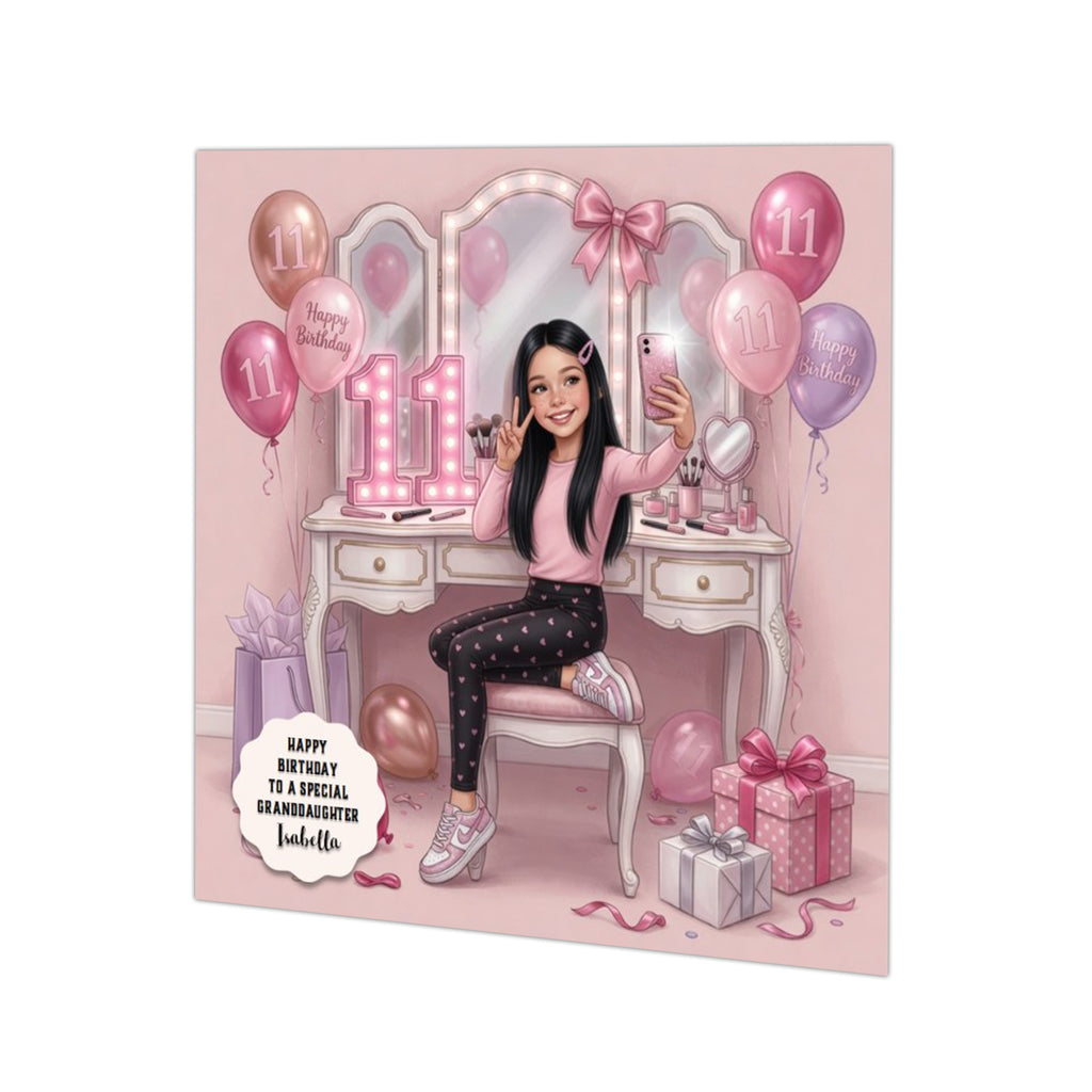 Personalised 11th Birthday Card - Girl Taking a Selfie - Black Hair
