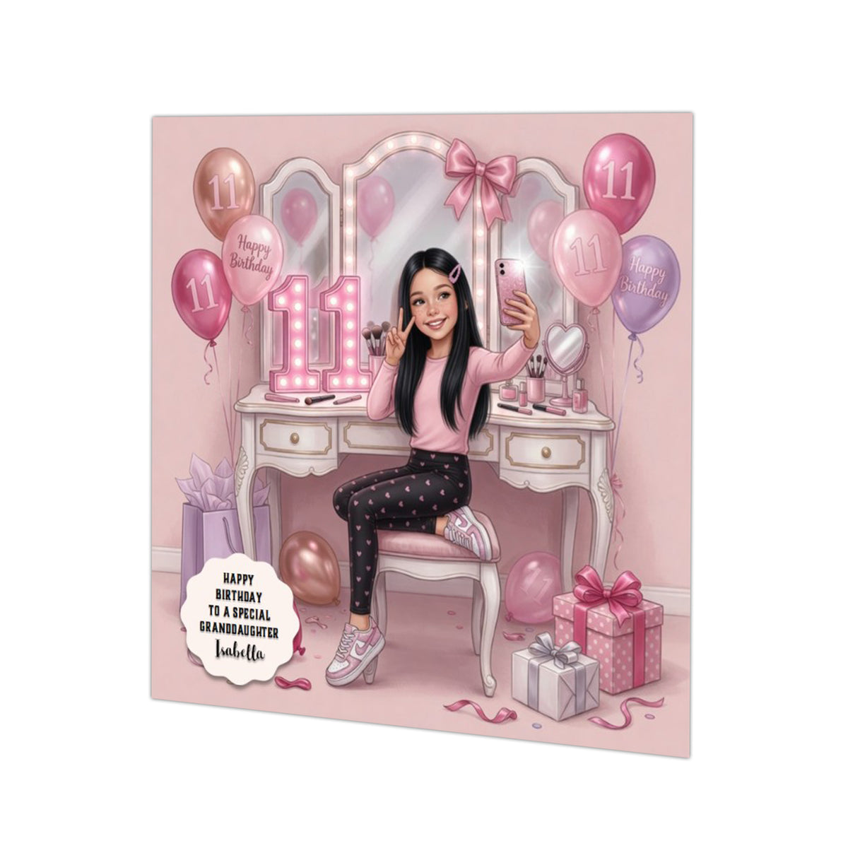 Personalised 11th Birthday Card - Girl Taking a Selfie - Black Hair