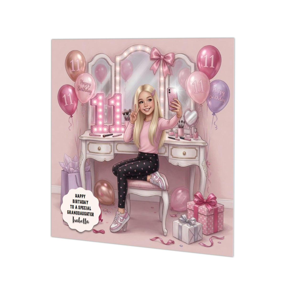 Personalised 11th Birthday Card - Girl Taking a Selfie - Blonde Hair