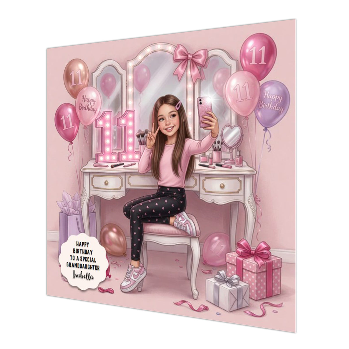 Personalised 11th Birthday Card - Girl Taking a Selfie - Brown Hair