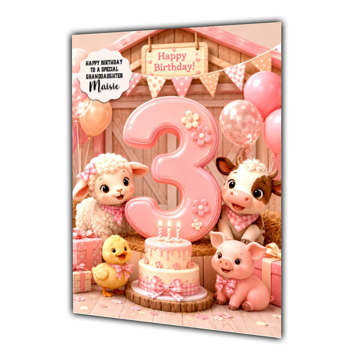 3rd Birthday Card Farm Animals Girl Granddaughter Daughter Large A5 Size