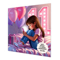 Personalised 11th Birthday Card - Girl Using a Phone on a Bed - Brown Hair