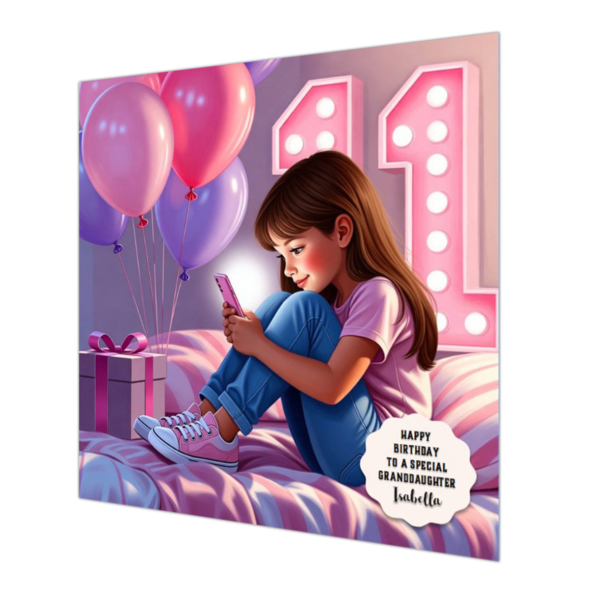 Personalised 11th Birthday Card - Girl Using a Phone on a Bed - Brown Hair
