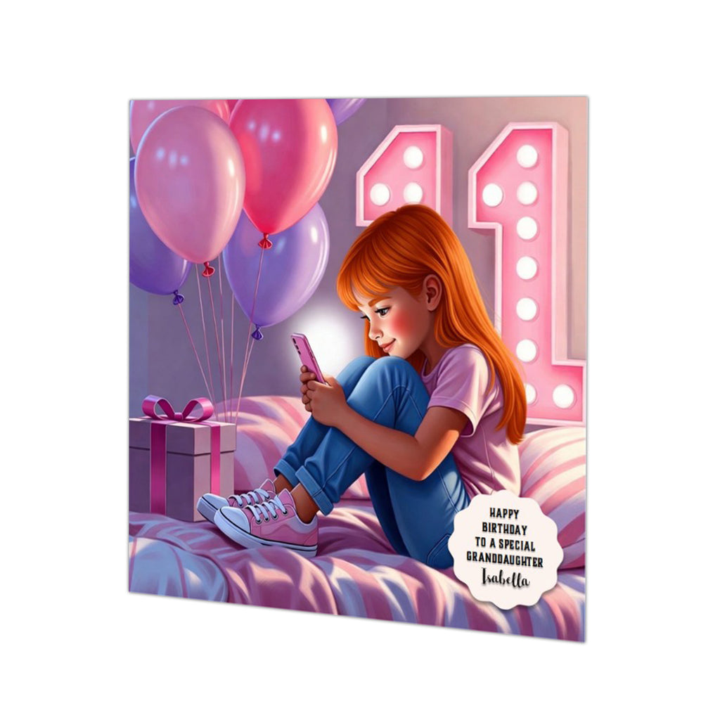 Personalised 11th Birthday Card - Girl Using a Phone on a Bed - Ginger Hair