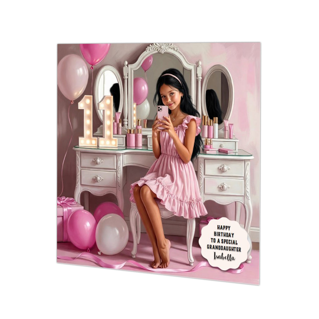 Personalised 11th Birthday Card - Girl in a Pink Dress - Black Hair