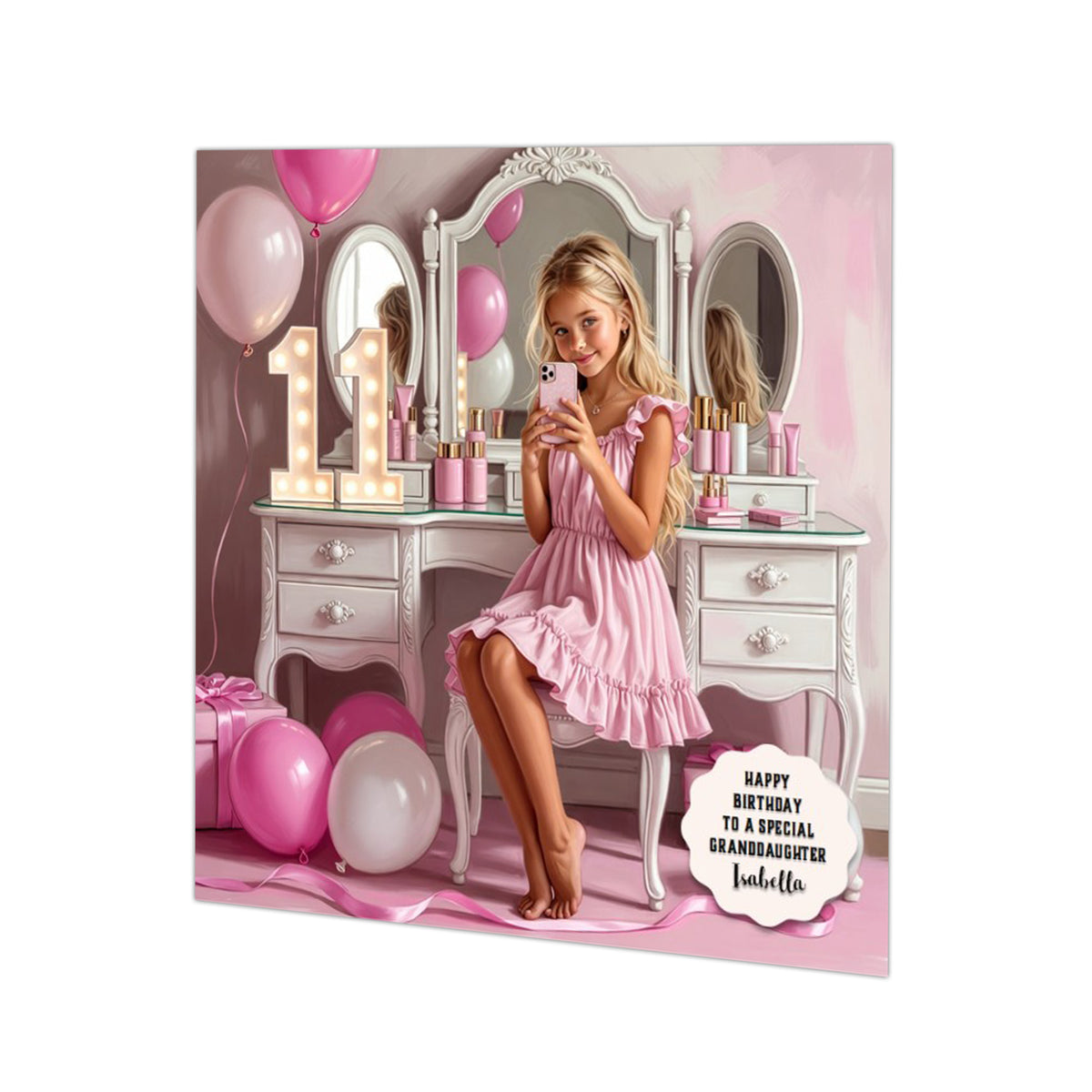 Personalised 11th Birthday Card - Girl in a Pink Dress - Blonde Hair
