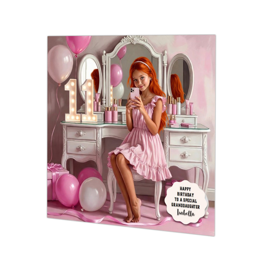 Personalised 11th Birthday Card - Girl in a Pink Dress - Ginger Hair