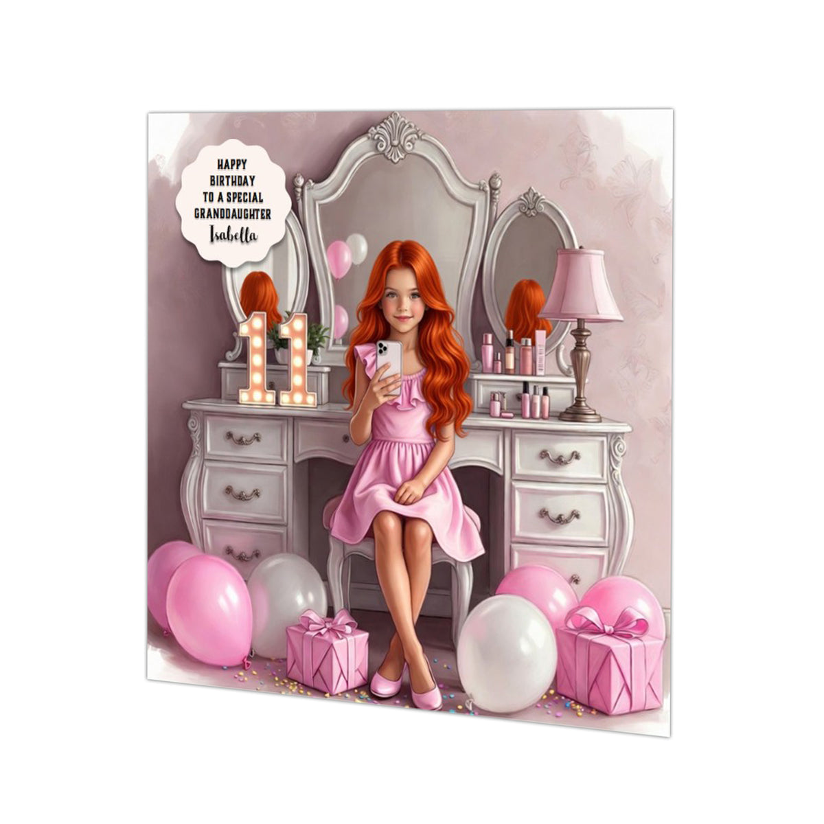 Personalised 11th Birthday Card - Girl Using a Phone at a Dressing Table - Ginger Hair