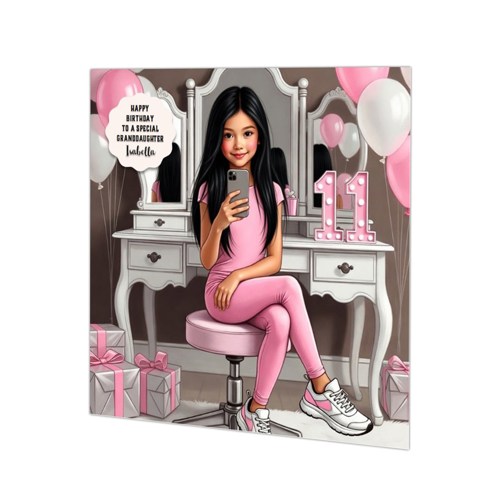 Personalised 11th Birthday Card - Girl Using a Phone at a Dressing Table - Black Hair