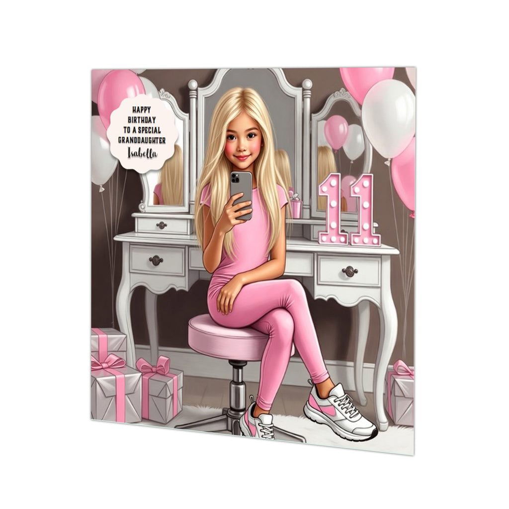 Personalised 11th Birthday Card - Girl Using a Phone at a Dressing Table - Blonde Hair