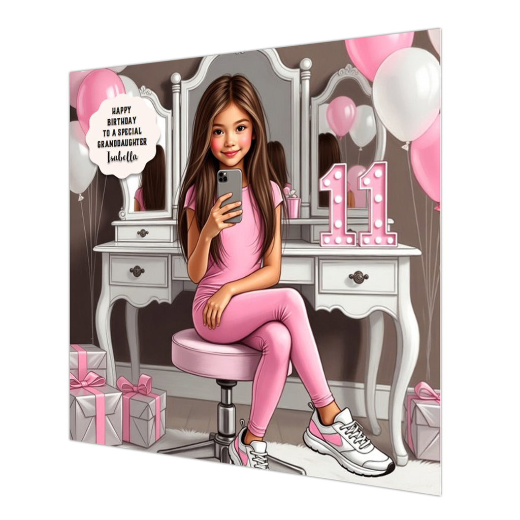 Personalised 11th Birthday Card - Girl Using a Phone at a Dressing Table - Brown Hair