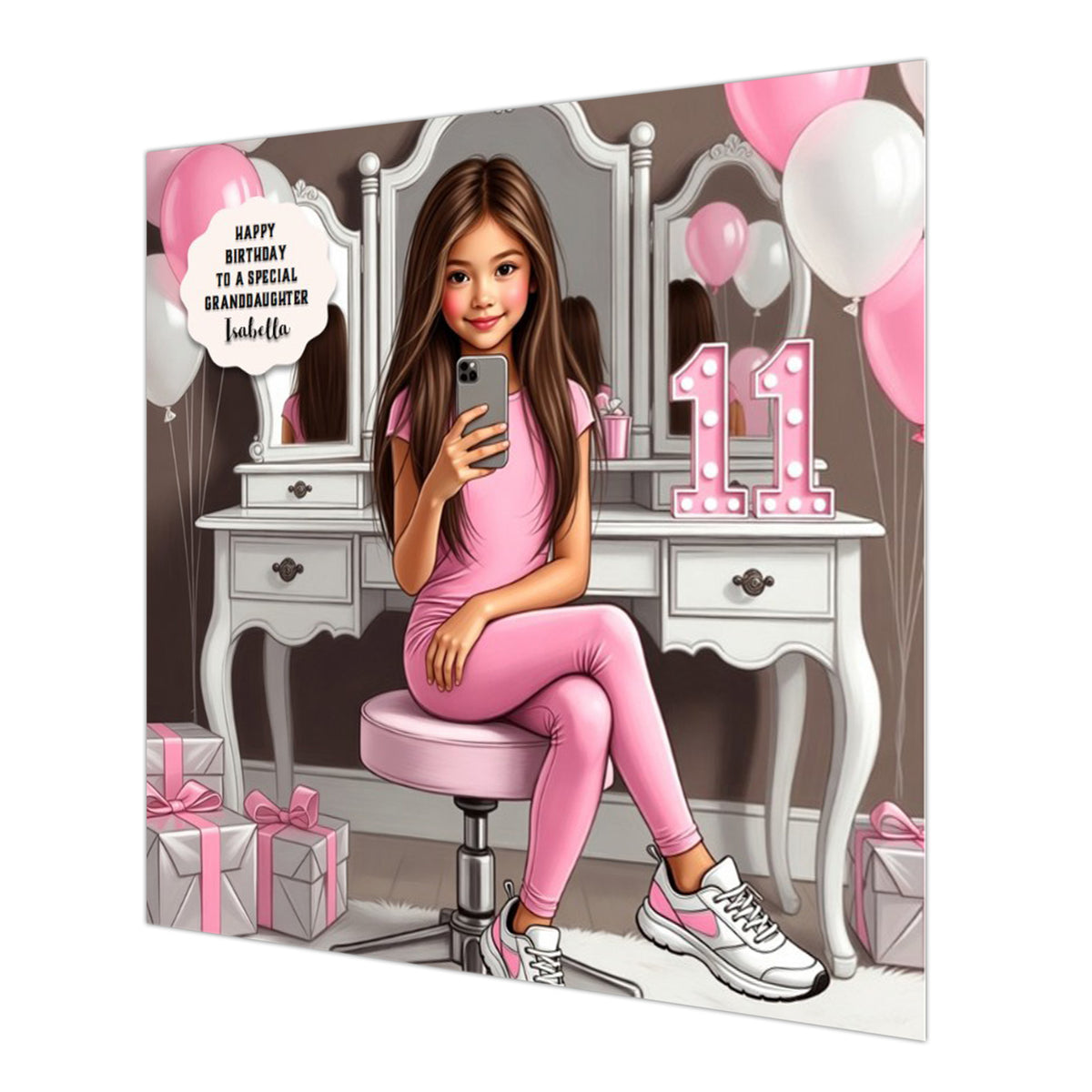 Personalised 11th Birthday Card - Girl Using a Phone at a Dressing Table - Brown Hair