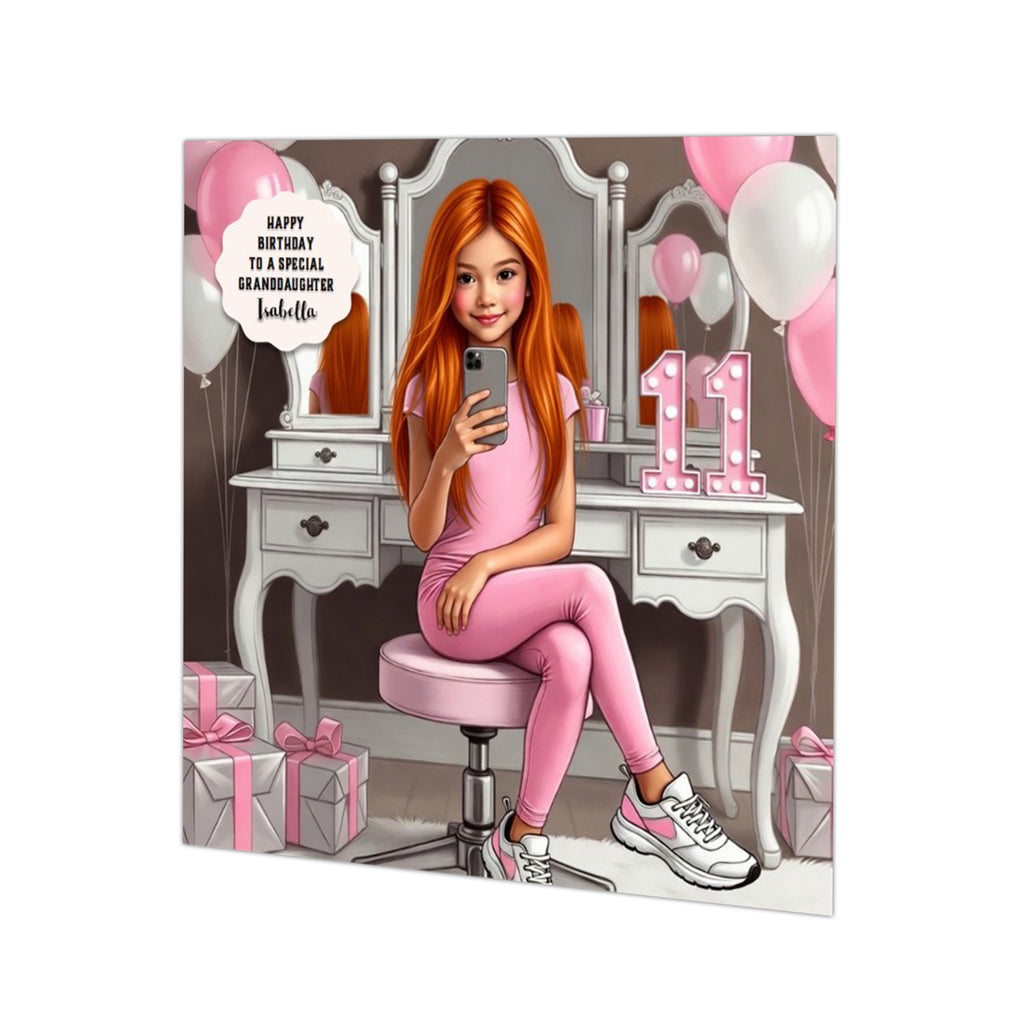 Personalised 11th Birthday Card - Girl Using a Phone at a Dressing Table - Ginger Hair